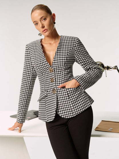 Metal Düğmeli Ekose Blazer Ceket