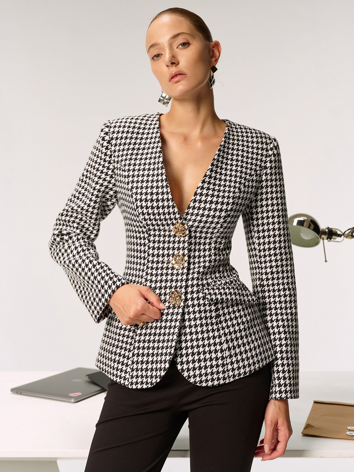 Metal Düğmeli Ekose Blazer Ceket