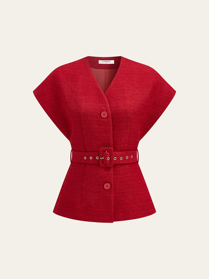 Tweed Kemerli Kısa Kollu Yelek