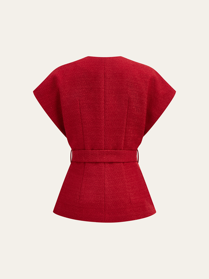 Tweed Kemerli Kısa Kollu Yelek