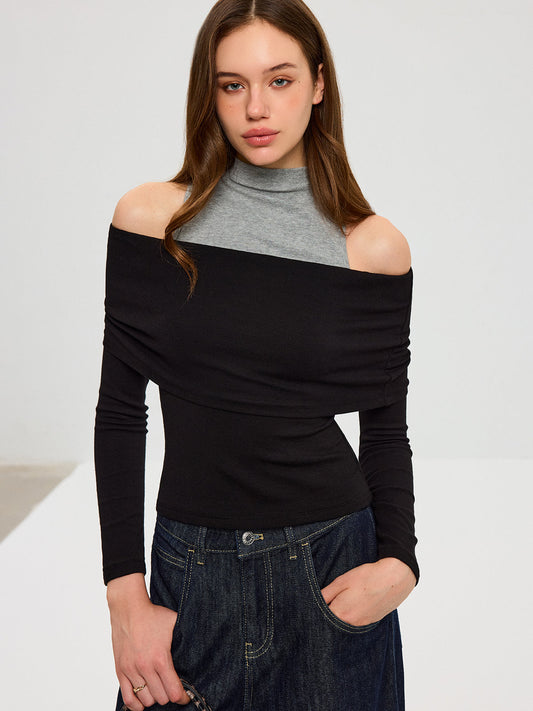 2'Si 1 Arada Kontrast Panelli Yüksek Yakalı Uzun Kollu Tişört