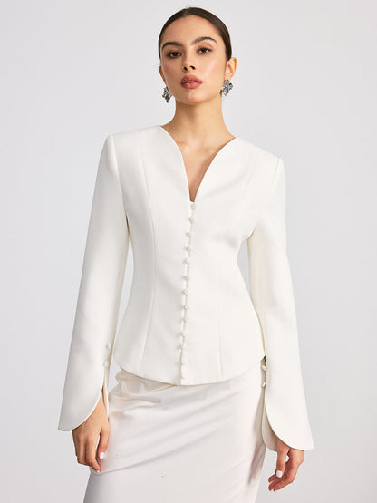 Önü Düğmeli, Geniş Paçalı, Vücuda Oturan Blazer Ceket.