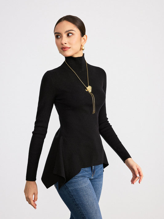 Balıkçı Yaka Asimetrik Peplum Kazak