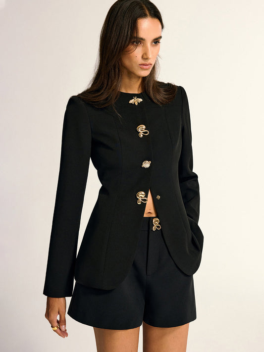 Metal Detaylı Bisiklet Yaka Blazer Ceket