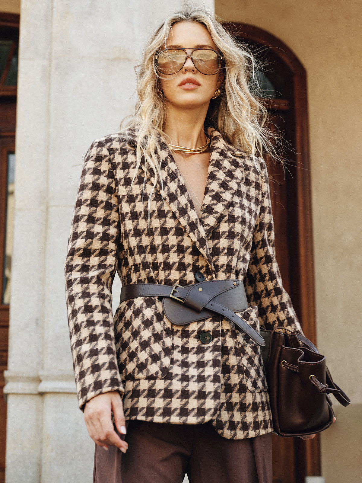 Ekose Desenli Kemerli Blazer Ceket