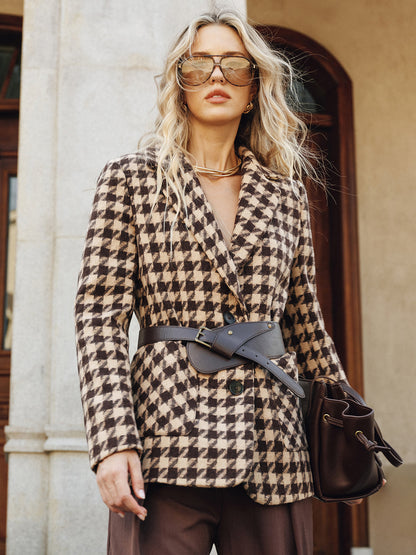 Ekose Desenli Kemerli Blazer Ceket