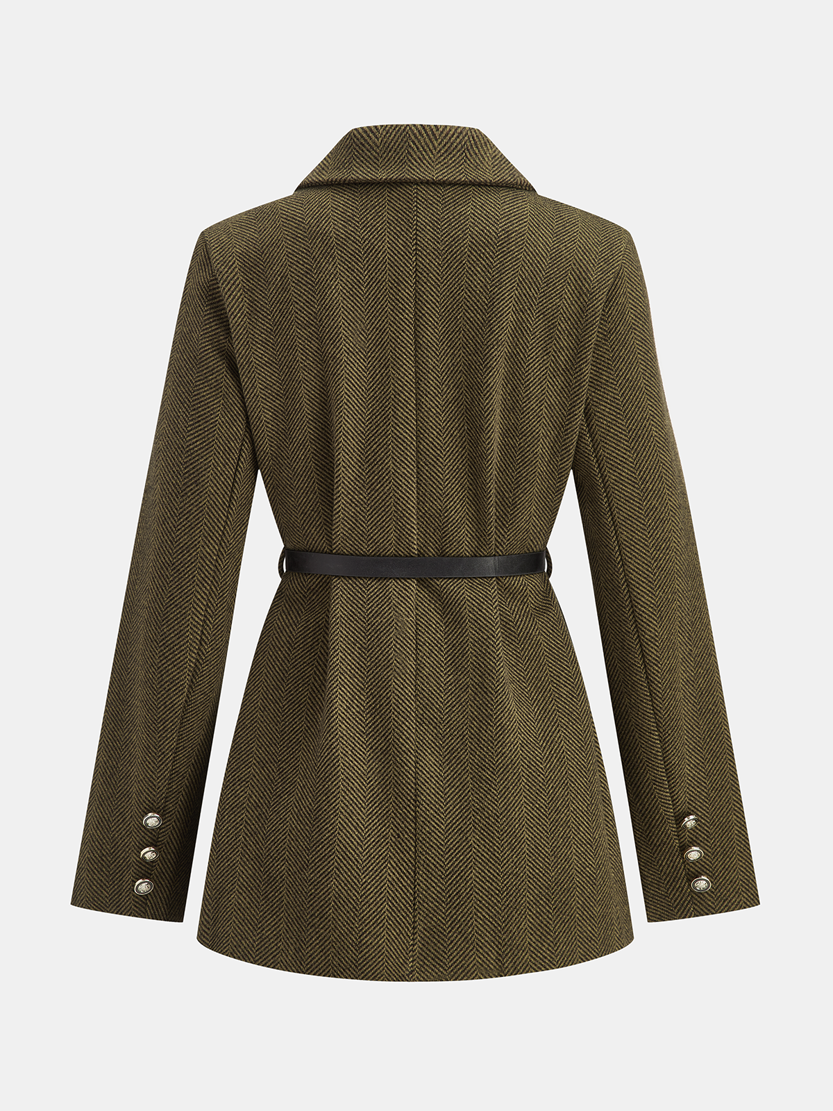 Kemerli Balıksırtı Desenli Çift Düğmeli Blazer Ceket