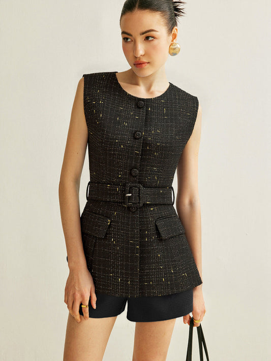 Tweed Kemerli Kolsuz Yelek