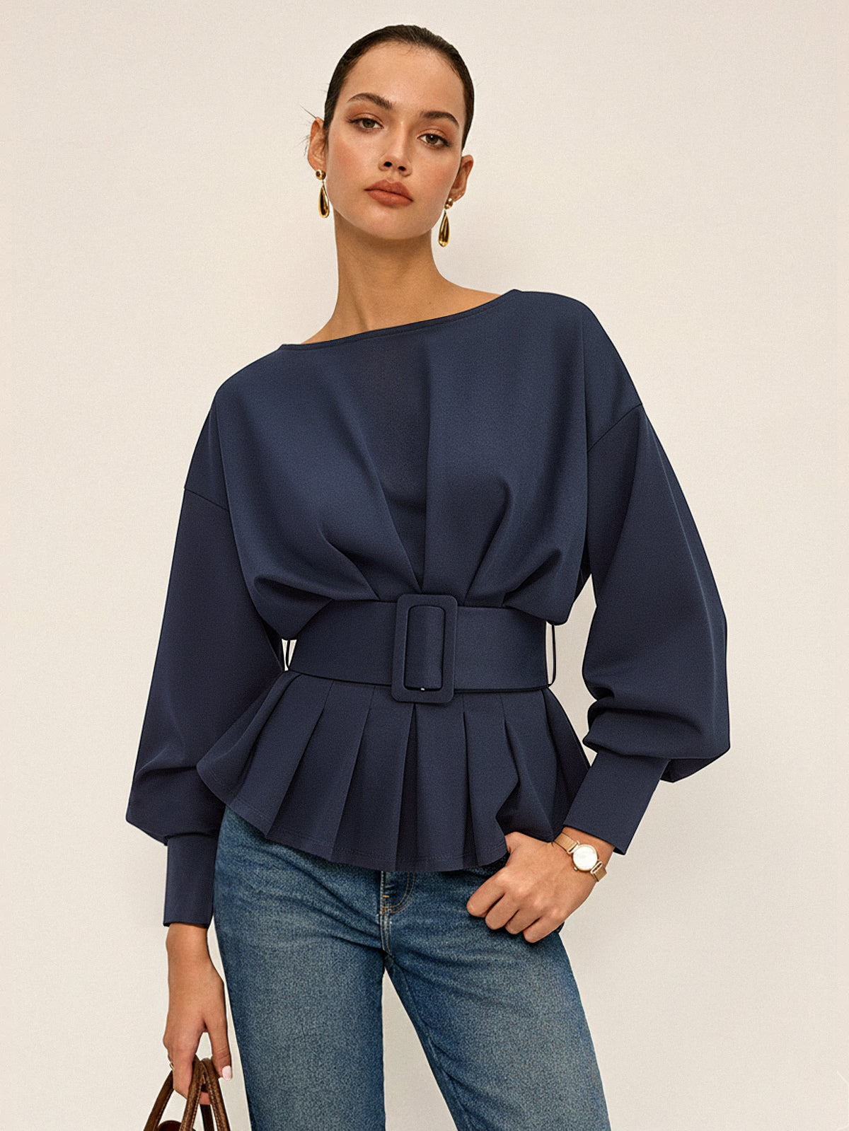 Geniş Kemerli Kayık Yaka Peplum Sweatshirt