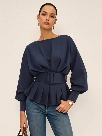 Geniş Kemerli Kayık Yaka Peplum Sweatshirt