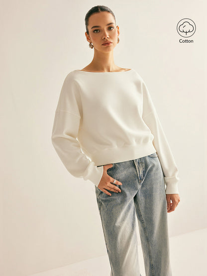 Omuzları Açık, Kısa Kesimli, Polar Astarlı Sweatshirt