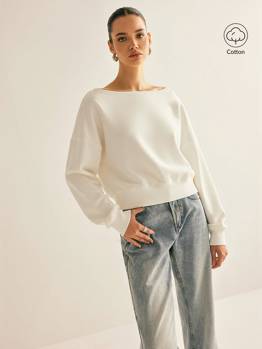 Omuzları Açık, Kısa Kesimli, Polar Astarlı Sweatshirt