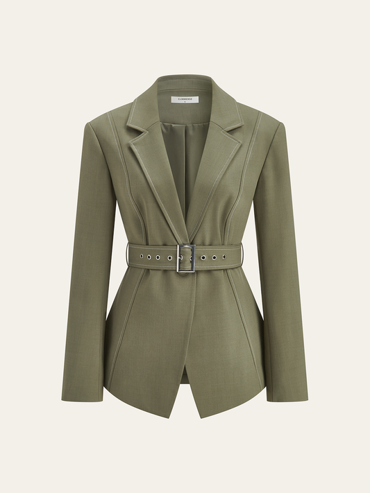 Kontrast Dikişli Kemerli Günlük Blazer Ceket