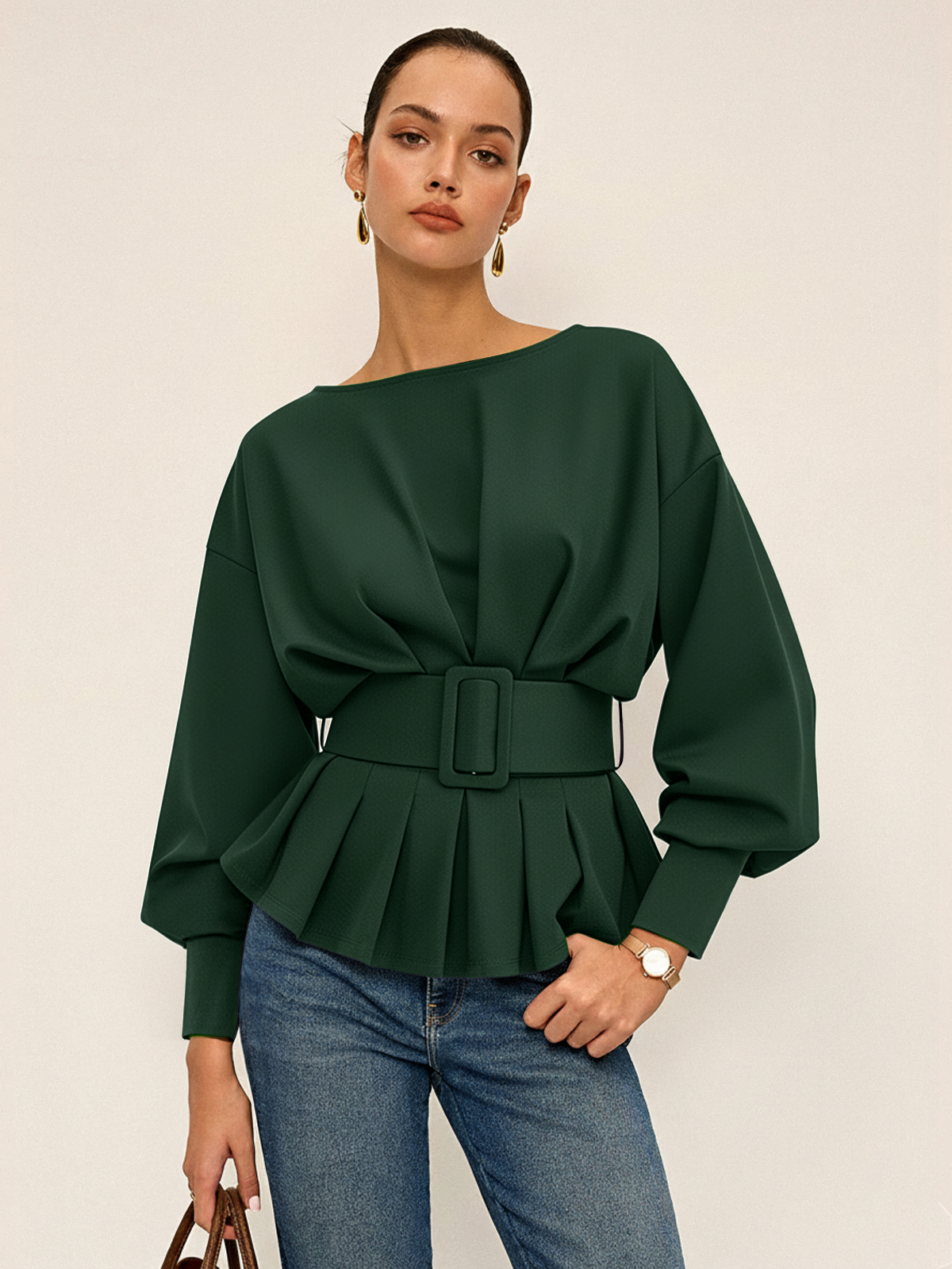 Geniş Kemerli Kayık Yaka Peplum Sweatshirt