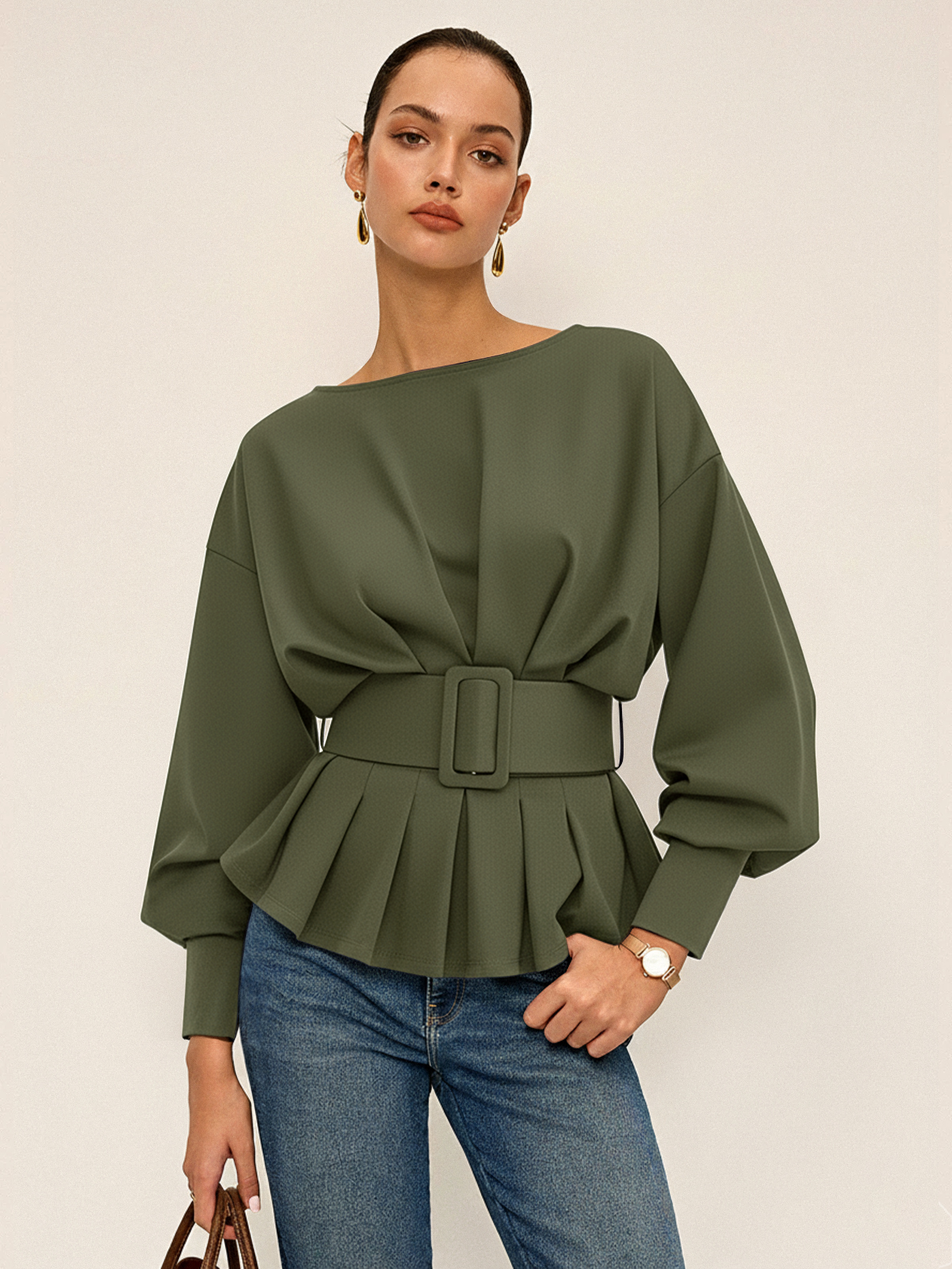 Geniş Kemerli Kayık Yaka Peplum Sweatshirt
