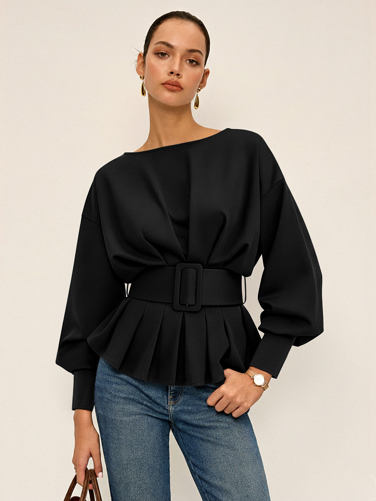 Geniş Kemerli Kayık Yaka Peplum Sweatshirt