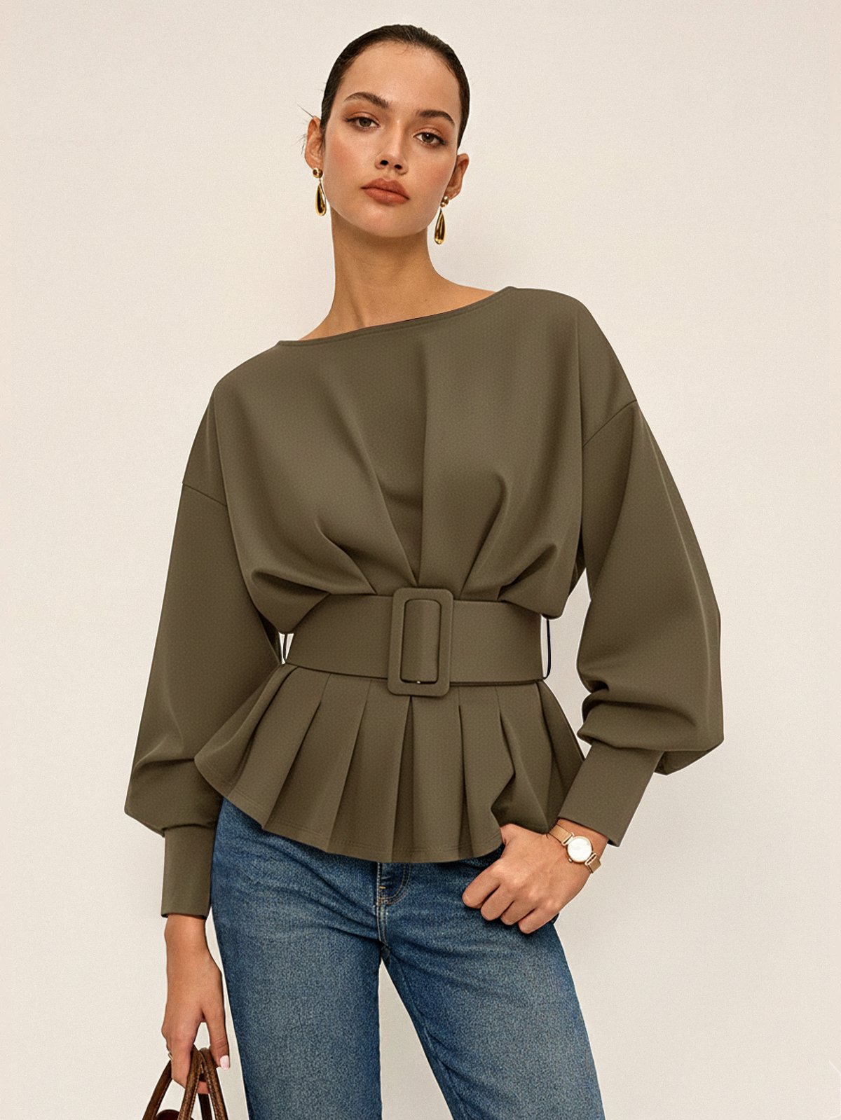 Geniş Kemerli Kayık Yaka Peplum Sweatshirt