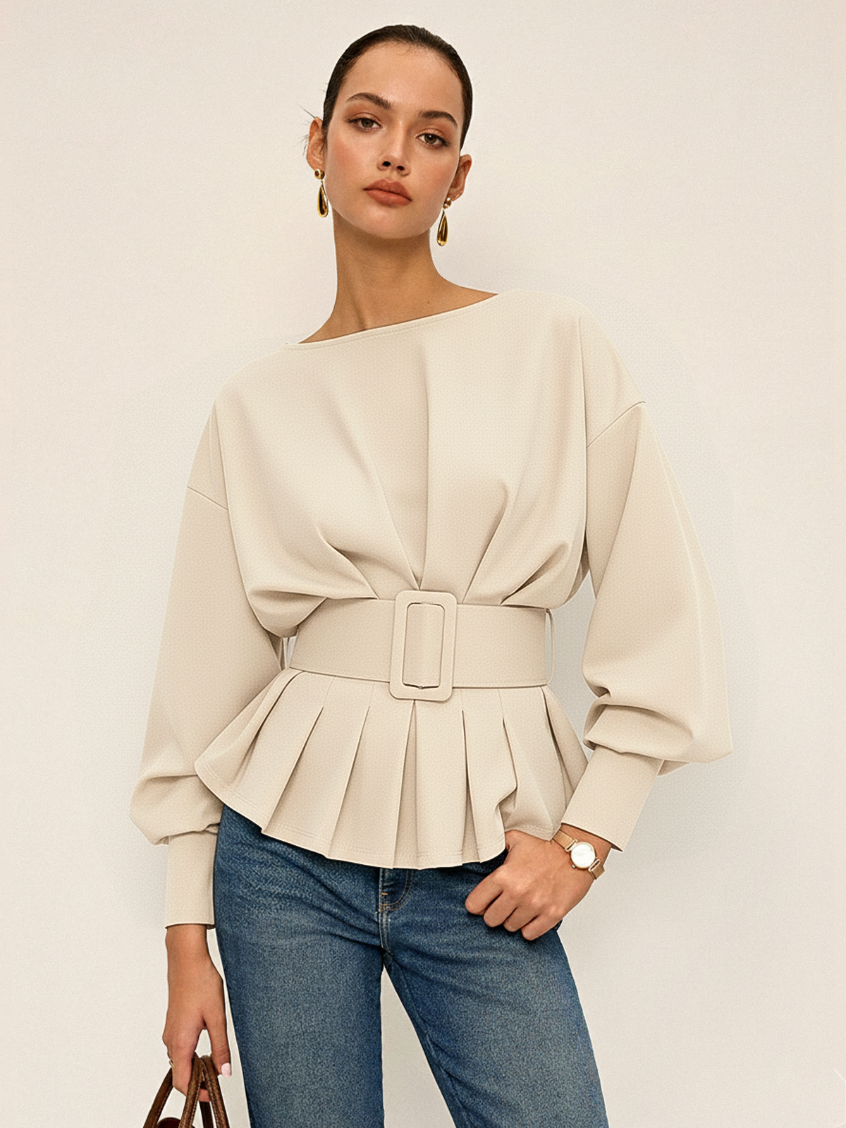 Geniş Kemerli Kayık Yaka Peplum Sweatshirt