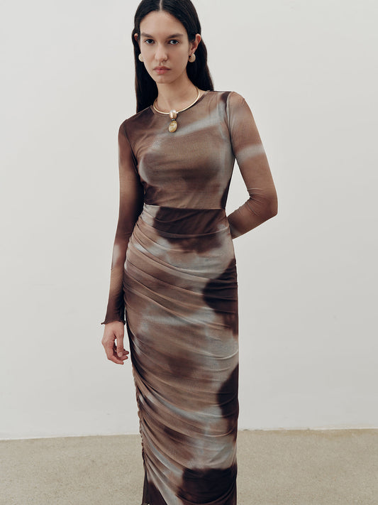 Tie-Dye Desenli Büzgülü Fileli Maksi Elbise
