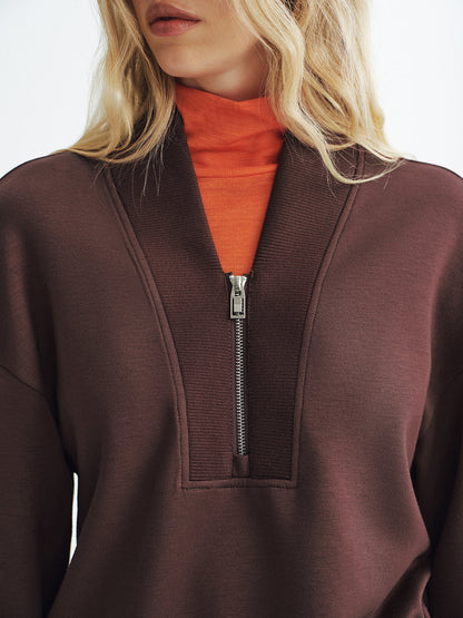 V Yaka Yarım Fermuarlı Sweatshirt