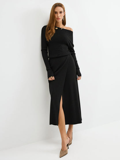 Omuzları Açık, Fitilli Yün Karışımı Maksi Elbise