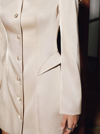 Önü Düğmeli Saten Mini Blazer Elbise