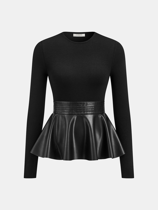 Suni Deri Peplum Uzun Kollu Bluz