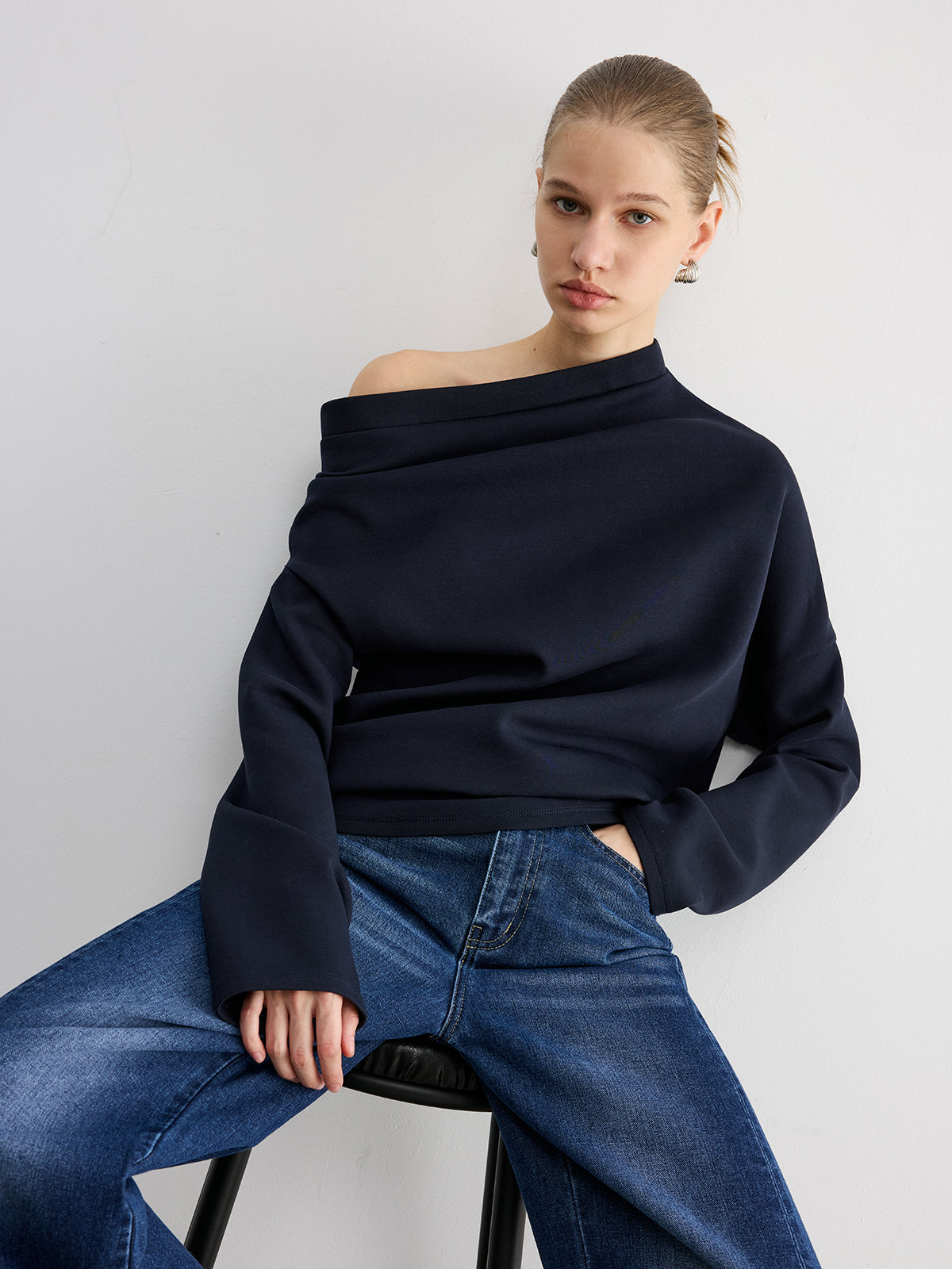 Omuzları Açık Pamuk Karışımlı Sweatshirt