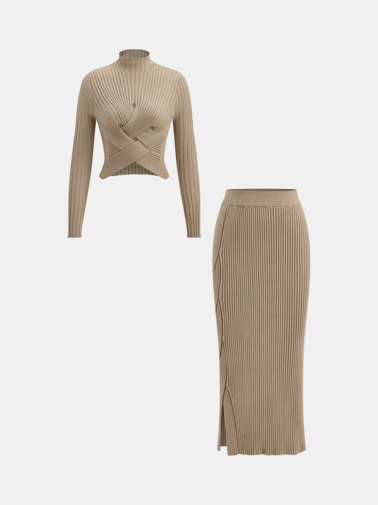Yüksek Yakalı Çapraz Detaylı Crop Bluz Ve Midi Etek Takımı