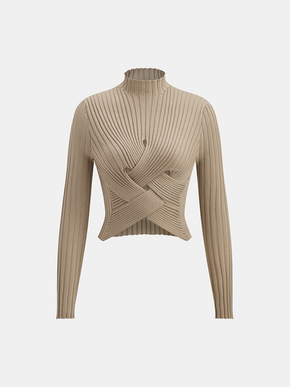 Yüksek Yakalı Çapraz Detaylı Crop Bluz Ve Midi Etek Takımı