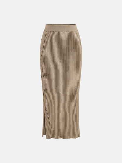 Yüksek Yakalı Çapraz Detaylı Crop Bluz Ve Midi Etek Takımı