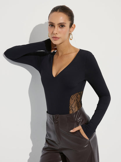 Sütyensiz, Derin V Yakalı Dantelli Body