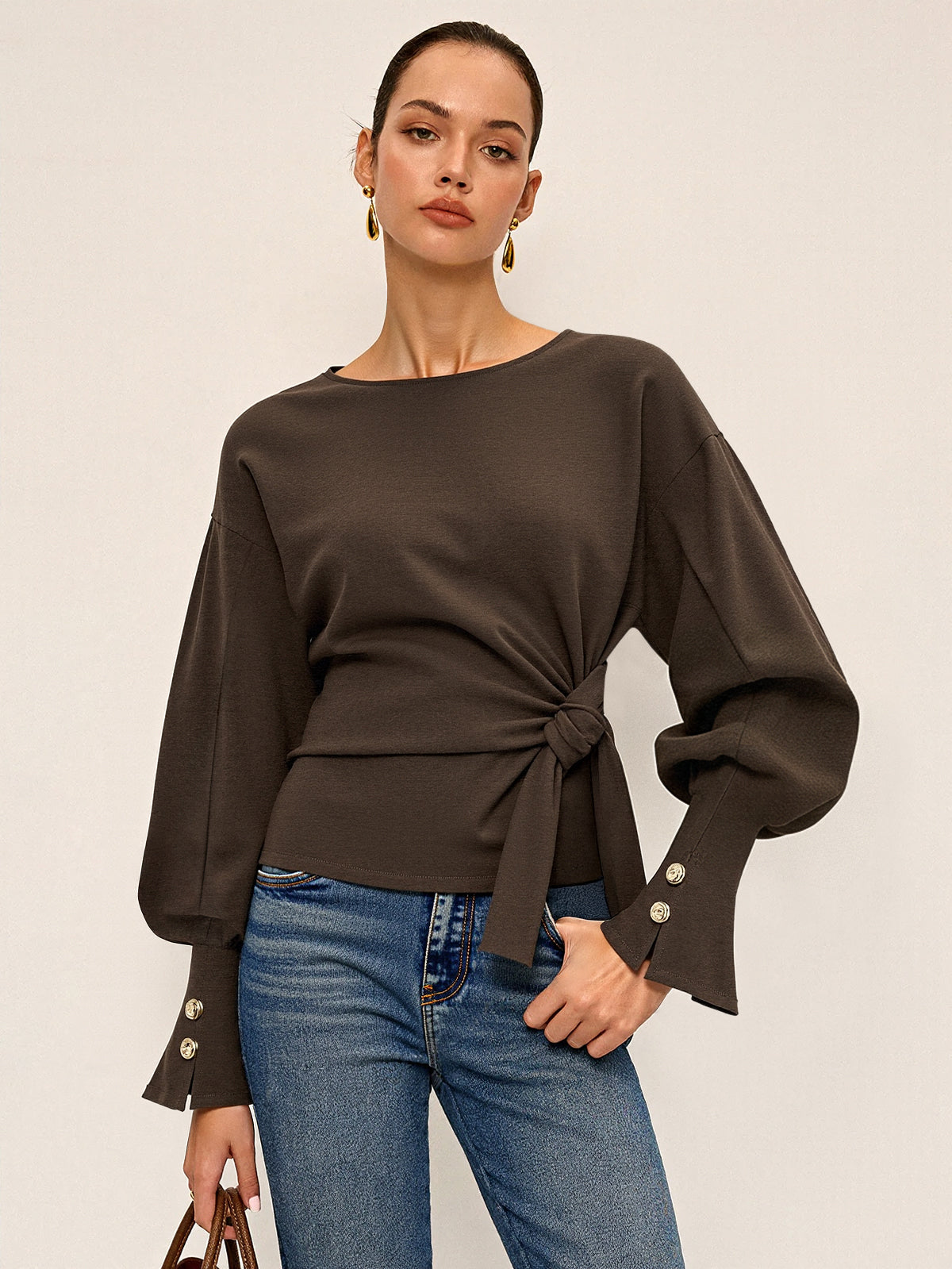 Bükümlü Düğüm Balon Kollu Sweatshirt
