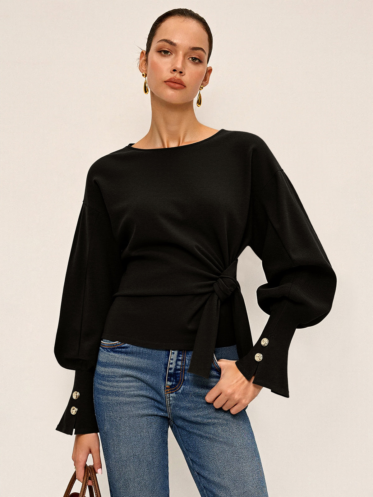 Bükümlü Düğüm Balon Kollu Sweatshirt