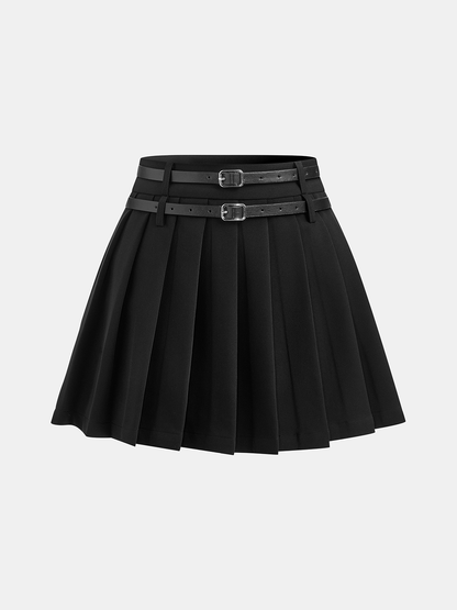 Pileli Çift Tokalı Mini Etek