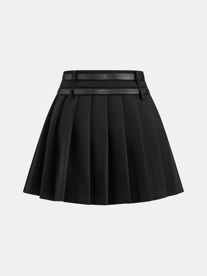 Pileli Çift Tokalı Mini Etek
