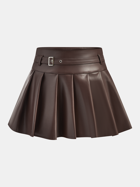 Belt-Decor Suni Deri Pileli Mini Etek