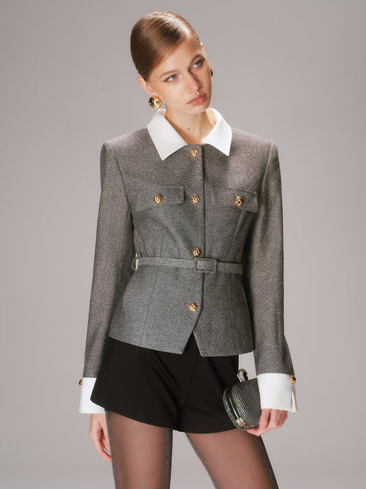 Kemerli Kontrast Yakalı Tüvit Blazer Ceket