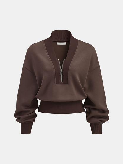 V Yaka Yarım Fermuarlı Sweatshirt