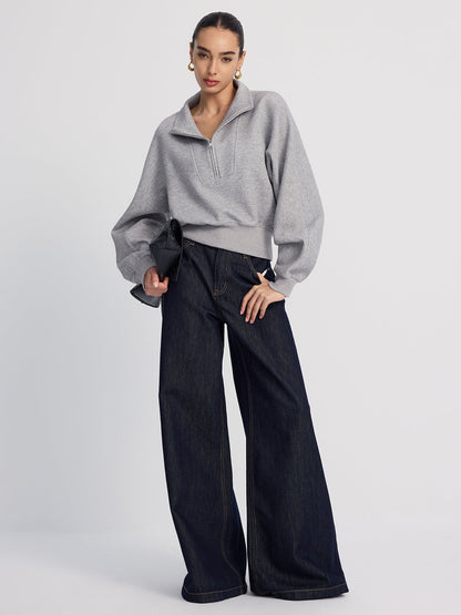 Yarım Fermuarlı Oversize Kısa Kesimli Sweatshirt