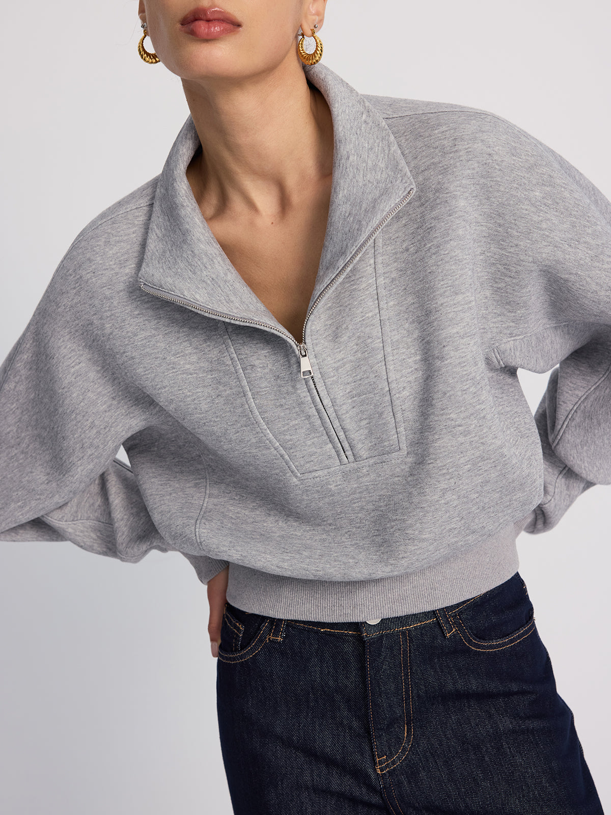 Yarım Fermuarlı Oversize Kısa Kesimli Sweatshirt