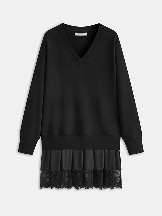 Pileli Etek Ucu Dantel Detaylı Sweatshirt Elbise