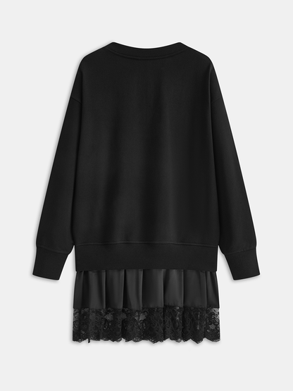 Pileli Etek Ucu Dantel Detaylı Sweatshirt Elbise