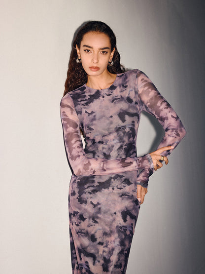 Tie-Dye Desenli Şeffaf Maksi Elbise