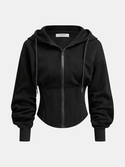Korse Bel Detaylı Fermuarlı Kapüşonlu Sweatshirt