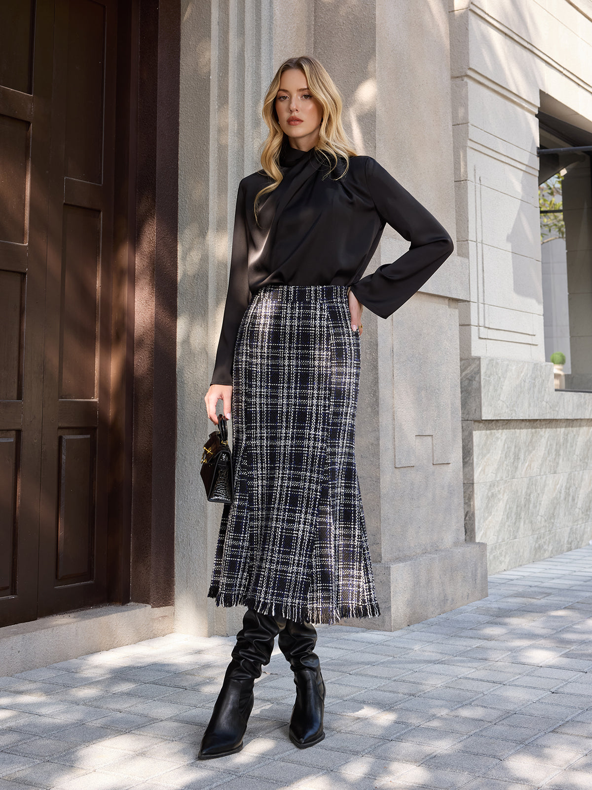 Tweed Ekose Püsküllü Midi Etek