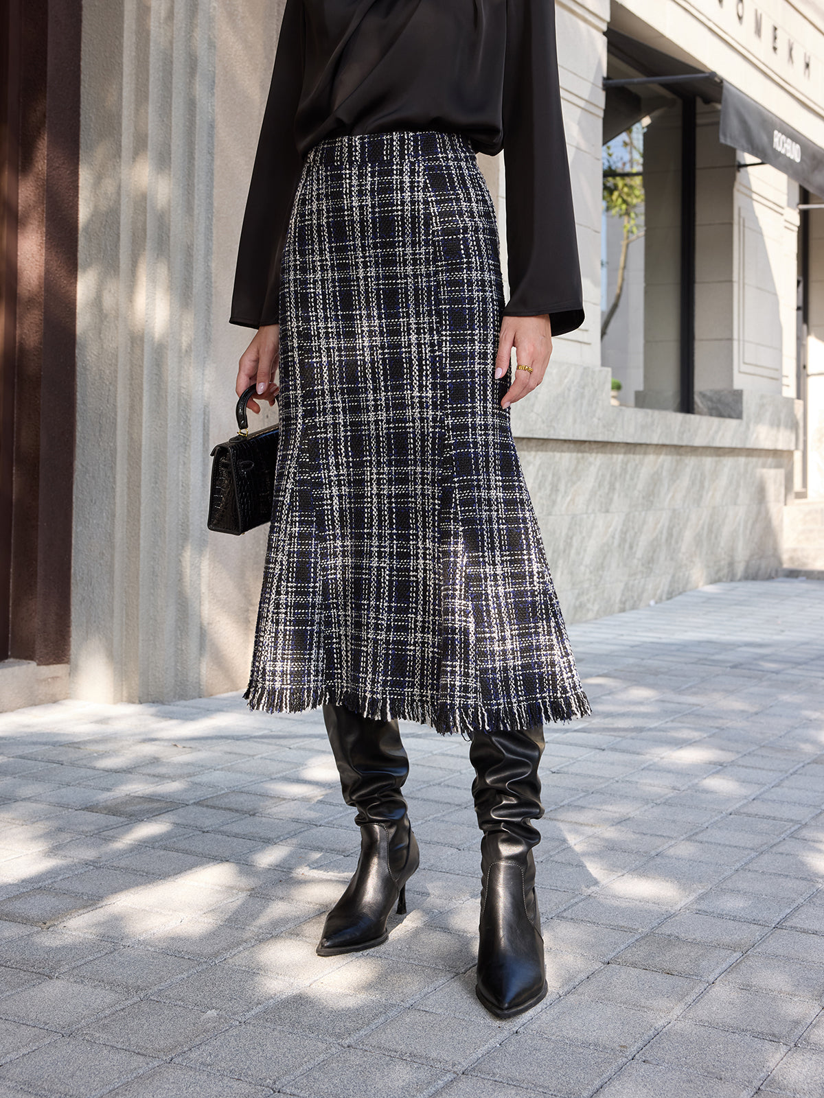 Tweed Ekose Püsküllü Midi Etek