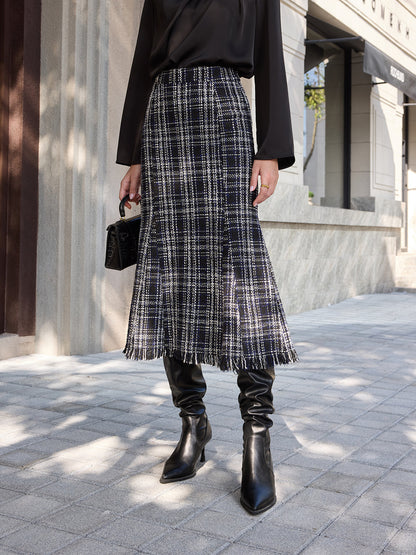 Tweed Ekose Püsküllü Midi Etek