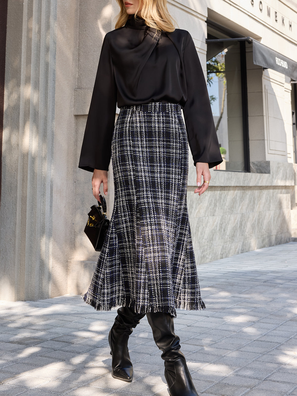 Tweed Ekose Püsküllü Midi Etek