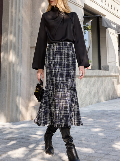 Tweed Ekose Püsküllü Midi Etek